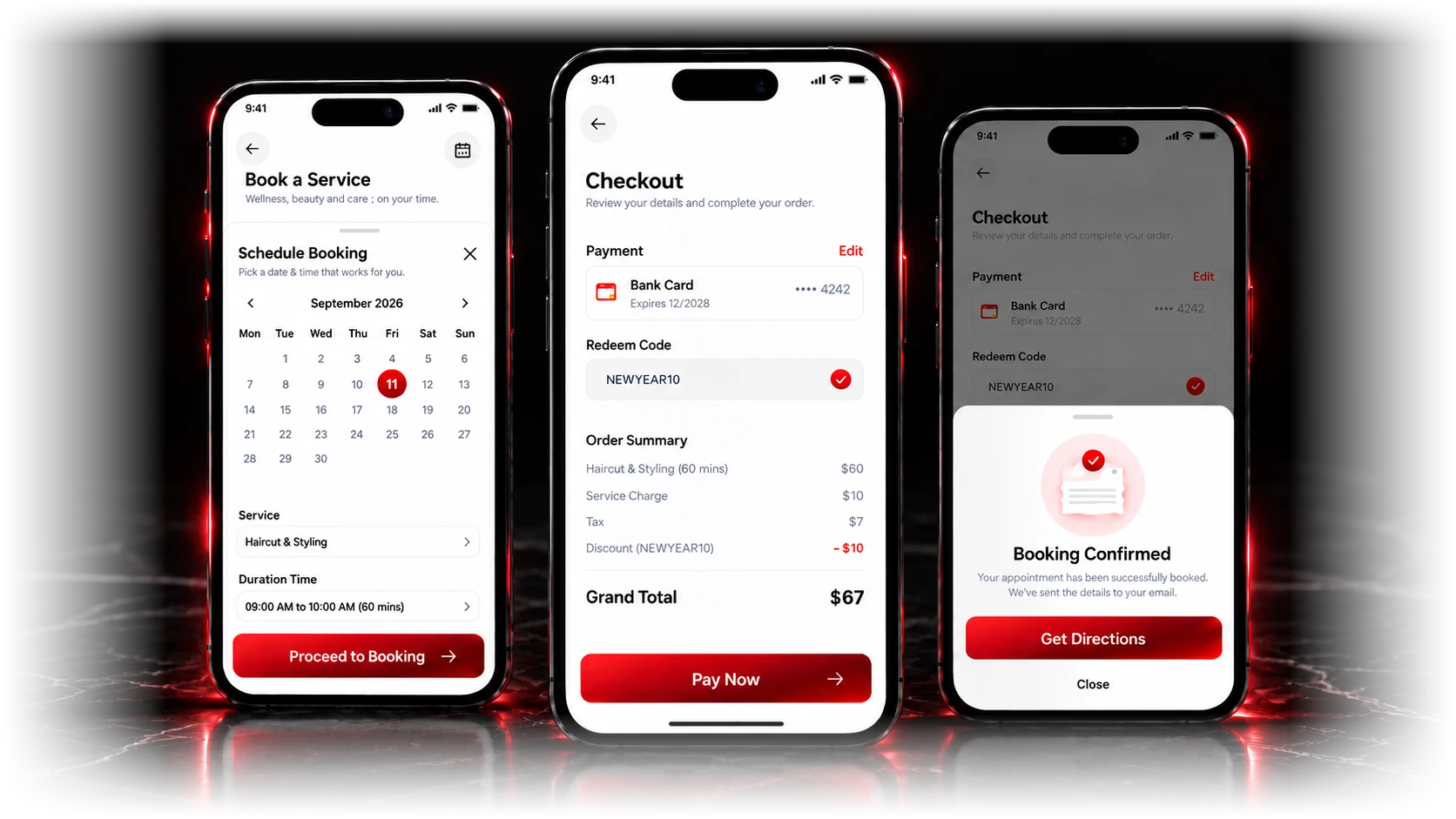 Booking flow across three phones: pick a date and time, confirm, booking confirmed