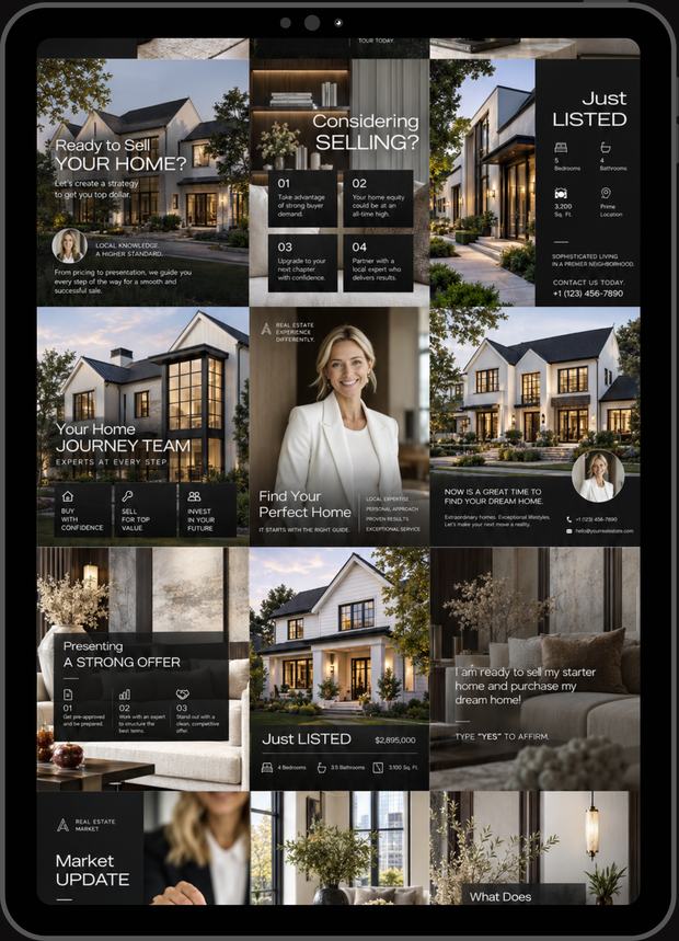 Real Estate content grid shown on a tablet